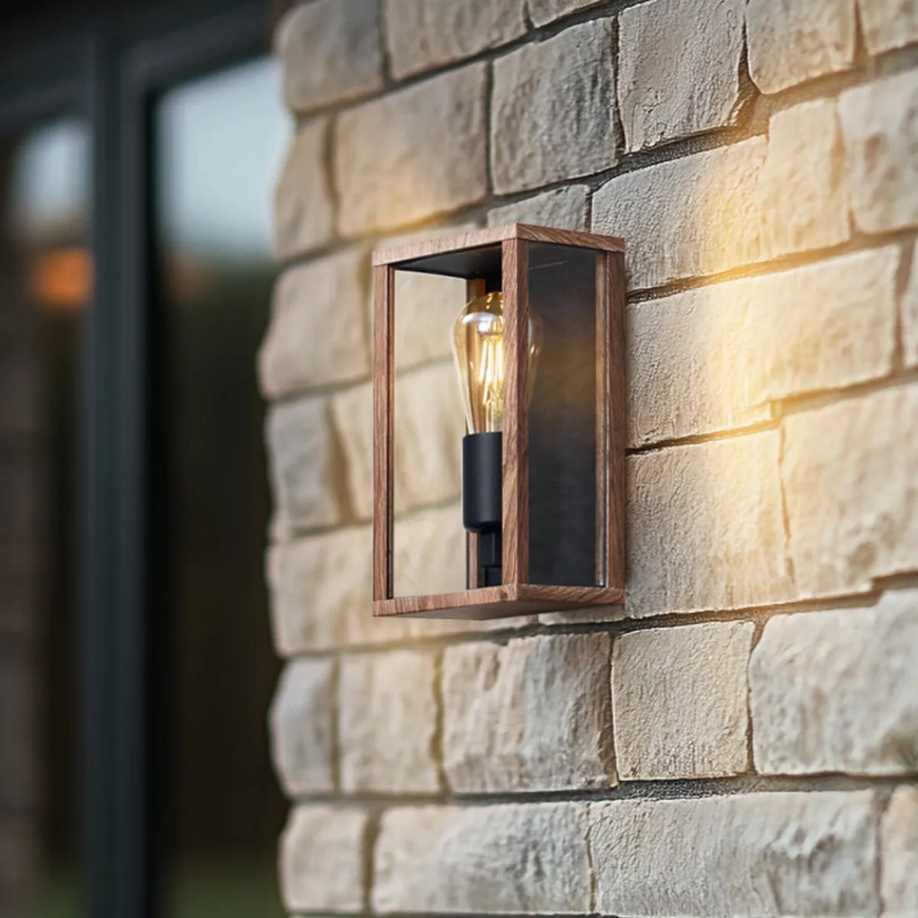 Индустриална стенна лампа с дървен принт 26 см IP44 - Charlois