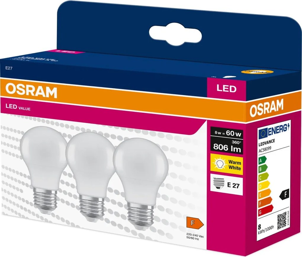 Комплект от 3 LED крушки A60 E27, 8W, 230V, 3000K - Osram
