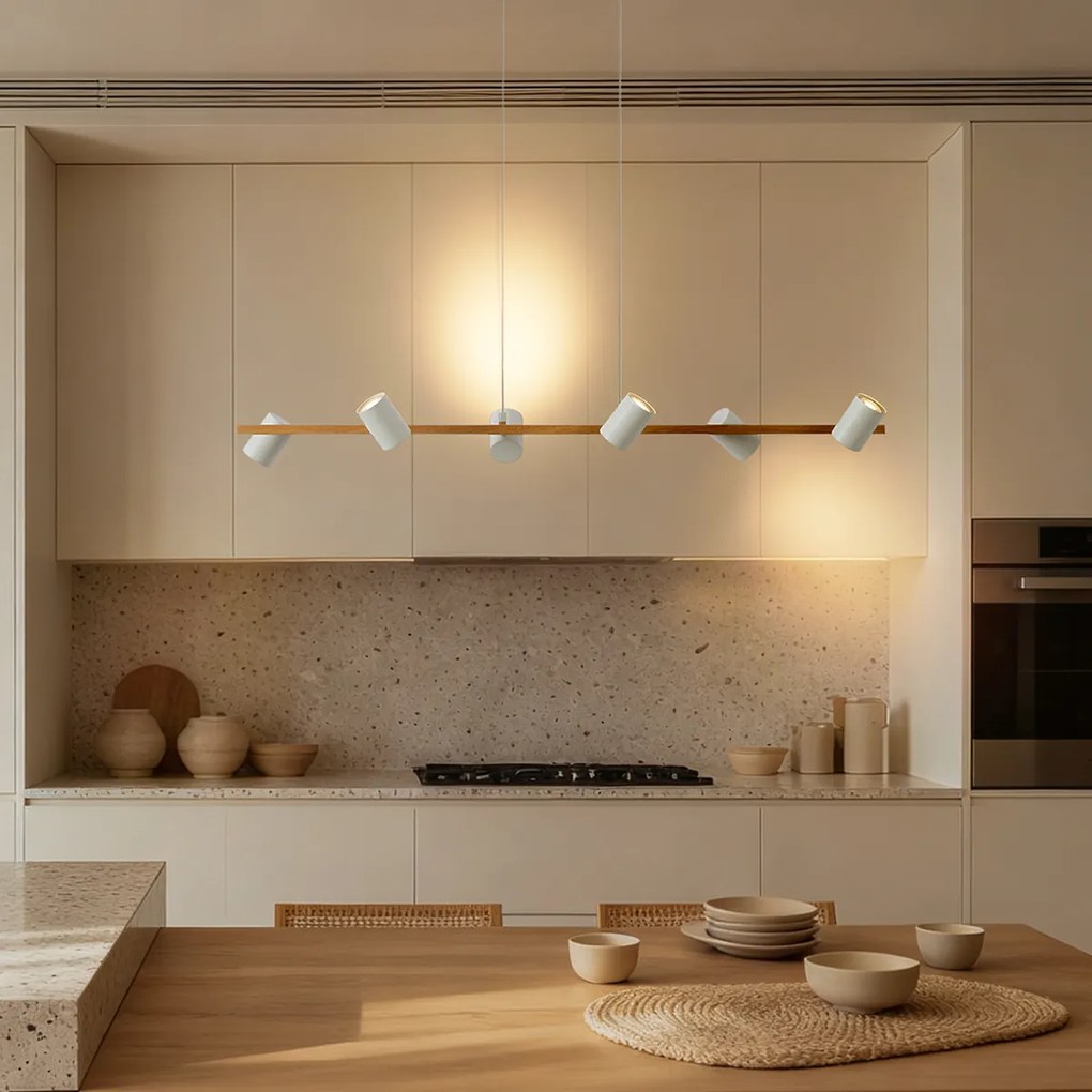 Модерен висящ лампион с дървен принт с бяло 6-лампи - Jeana Straight