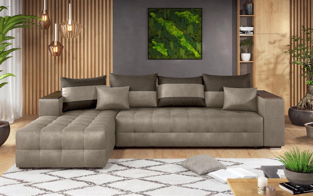 Разтегателен ъглов диван с подлакътник етажерка Мелвин