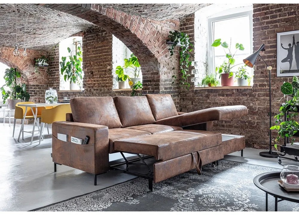 Винтидж кафяв кожен разтегателен диван, десен ъгъл Lofty Lilly - Miuform
