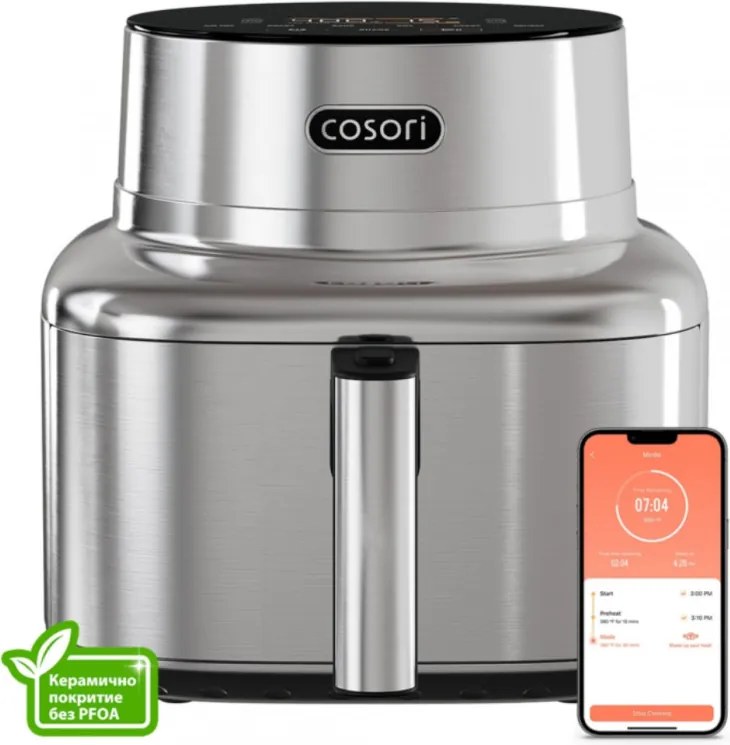 Фритюрник с горещ въздух Cosori Iconic CAF-SE601S, 1725W, 6.2 л, 30-230°C, 6 програми, Таймер, Керамично покритие, Инокс/черен