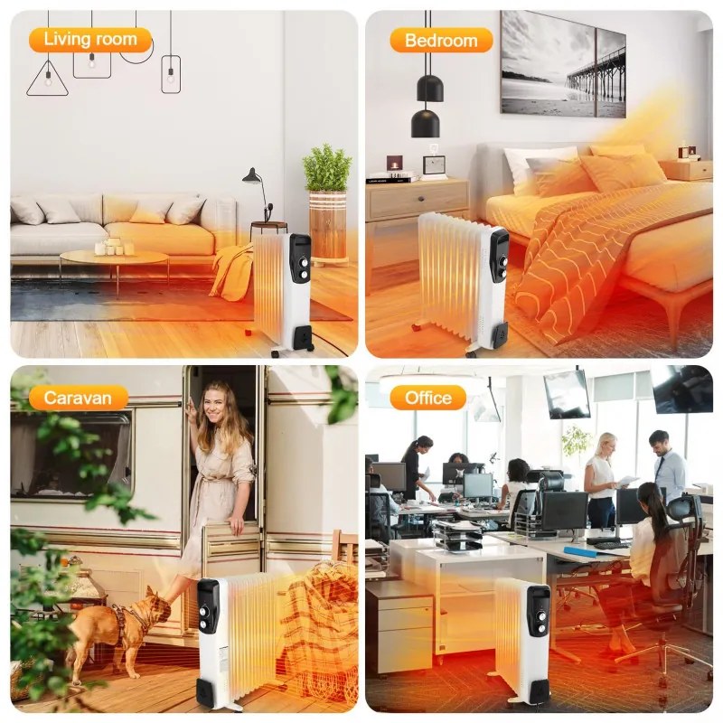 Маслен радиатор Sailnovo NSC-250-11F1, 2500W, 11 ребра, 30 м2, 3 степени, Въртящи се на 360 колелца, 10-35C, Бял