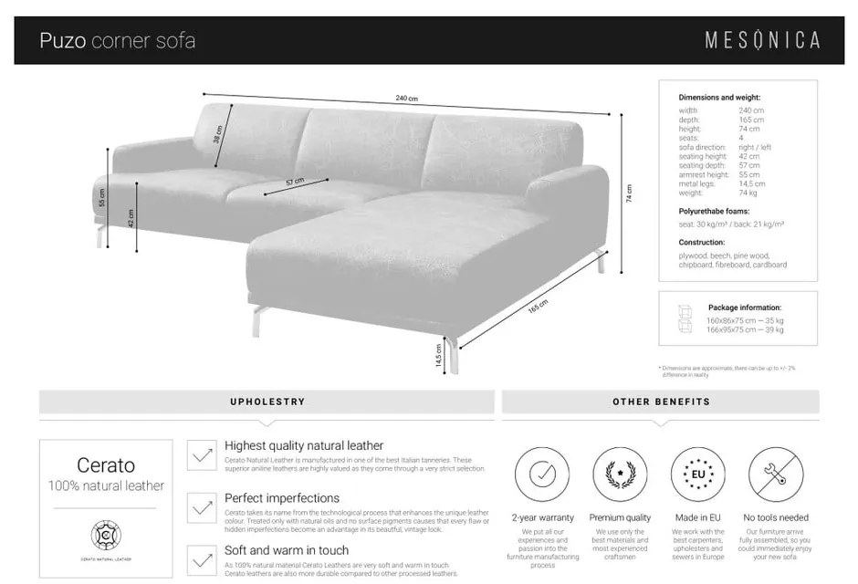 Ъглов диван от червено-кафява кожа , ляв ъгъл Puzo - MESONICA