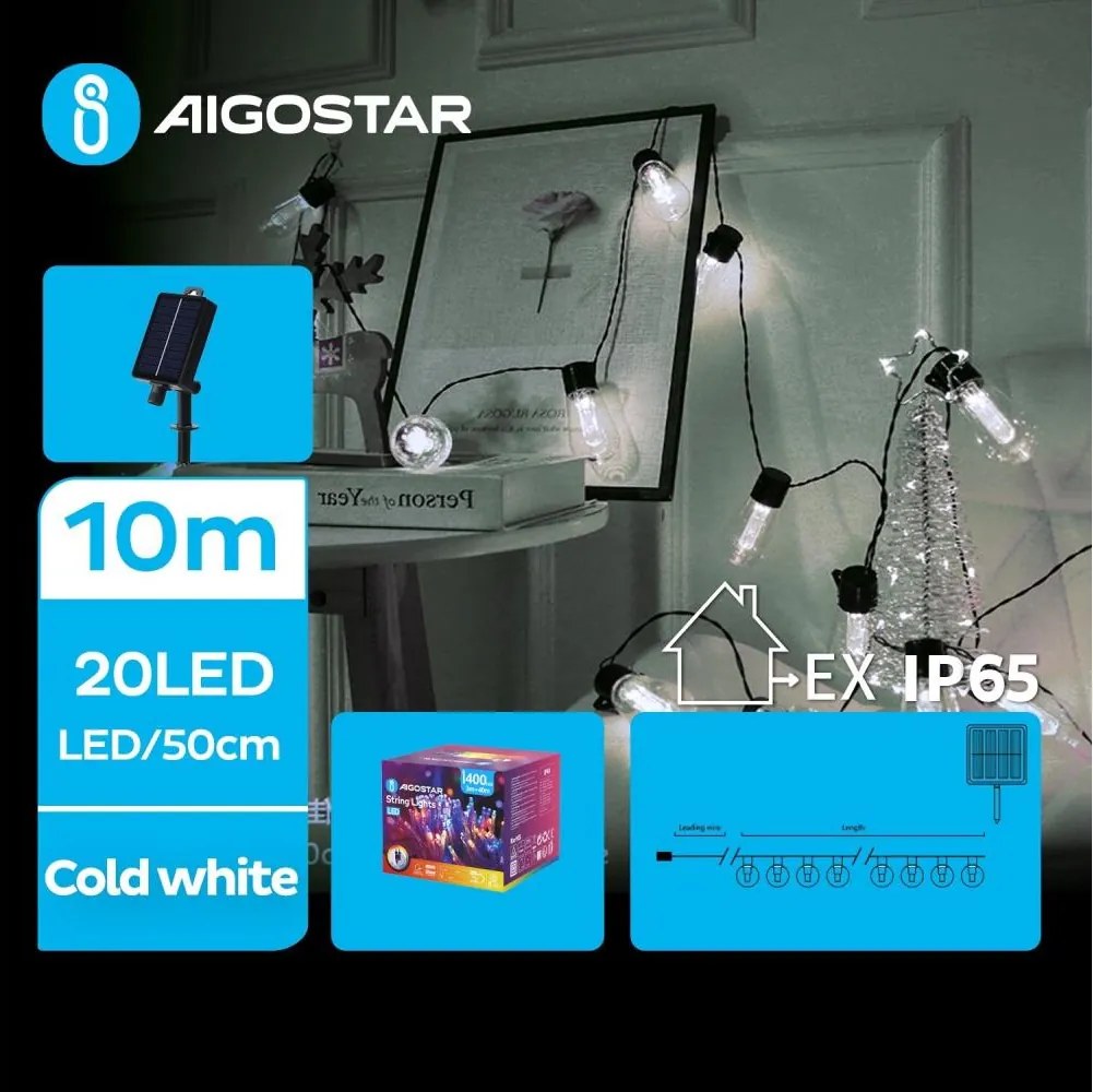 Aigostar - LED соларен гирлянд 20xLED/8 функции 11,5m IP65 студено бяло