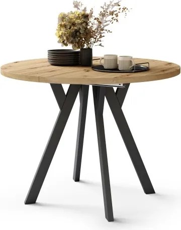 АЛМО Дъб Артисан/черни крака - КРЪГЛА РАЗТЕГАТЕЛНА МАСА С Y-ОБРАЗНИ КРАКА В ЛОФТ/ИНДУСТРИАЛЕН СТИЛ ЗА ХОЛ ИЛИ ТРАПЕЗАРИЯ