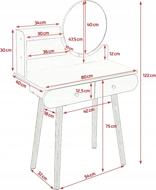 Бяла скандинавска тоалетка с огледало 80x40x120 cm - 2 чекмеджета