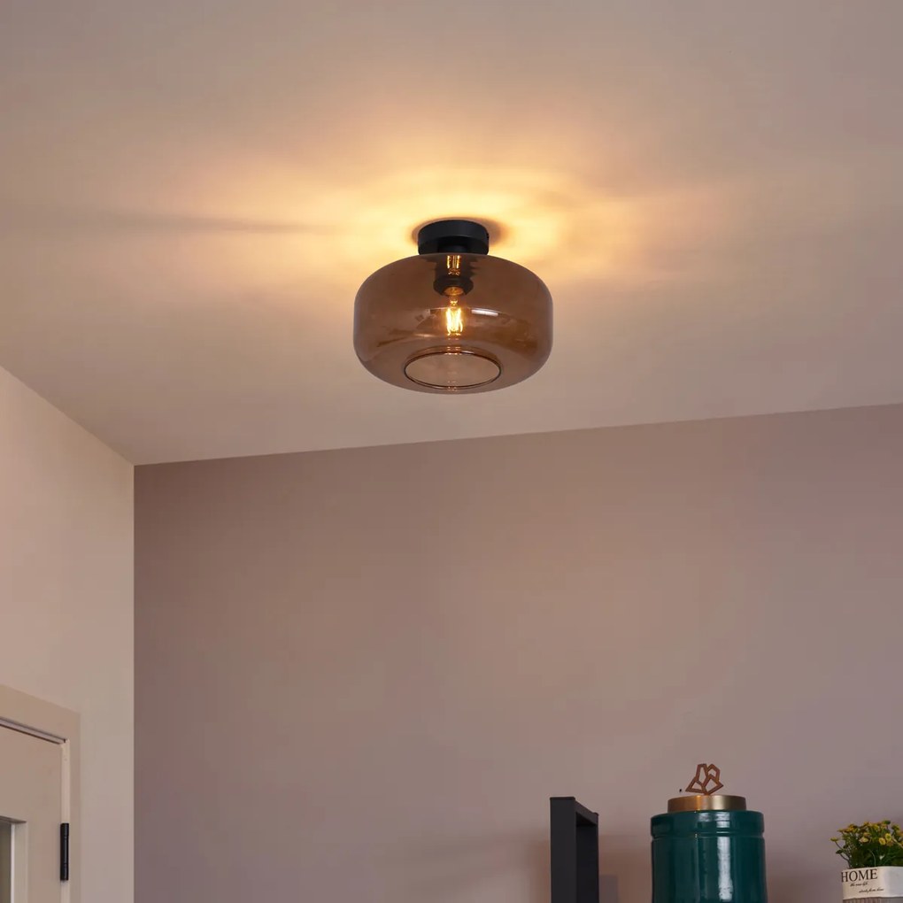 Ретро таванна лампа черна с бронзово стъкло - Bizle