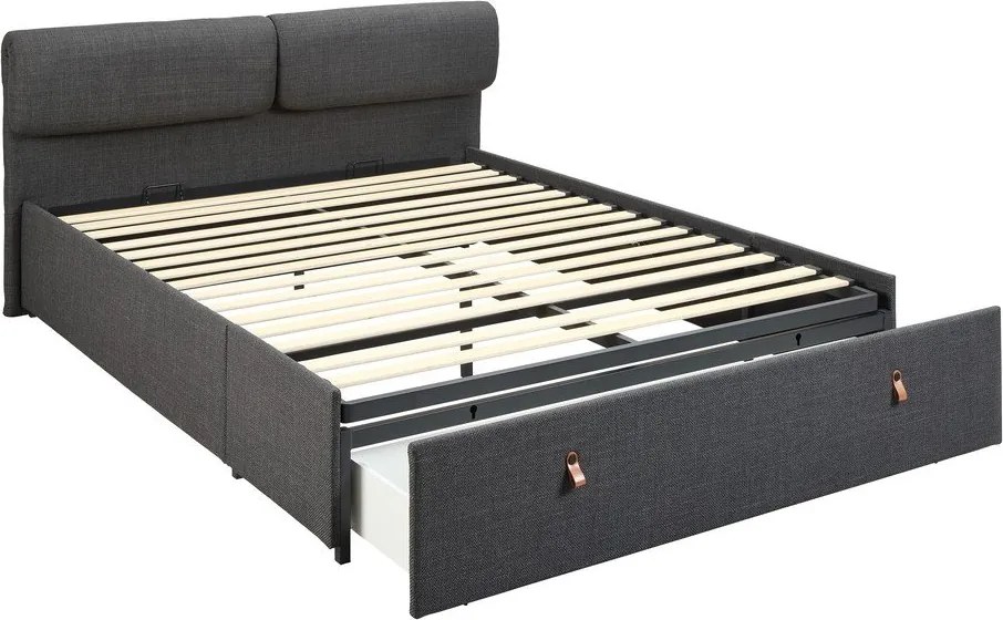 Тъмносиво двойно тапицирано легло с място за съхранение и включена подматрачна рамка 160x200 cm Calvi – Actona