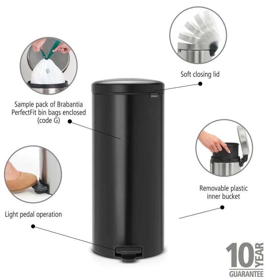 Матово черно стоманено кошче за боклук с педал 30 l NewIcon – Brabantia