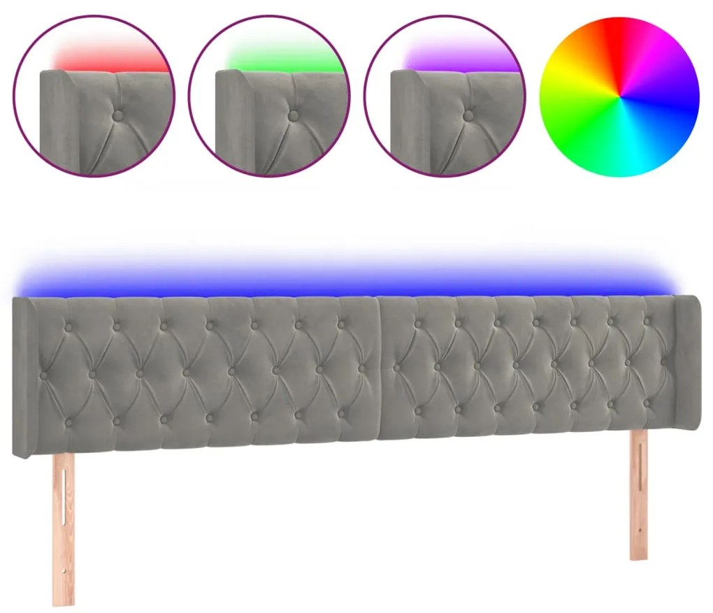 3123632 vidaXL LED горна табла за легло, светлосива, 183x16x78/88 см, кадифе