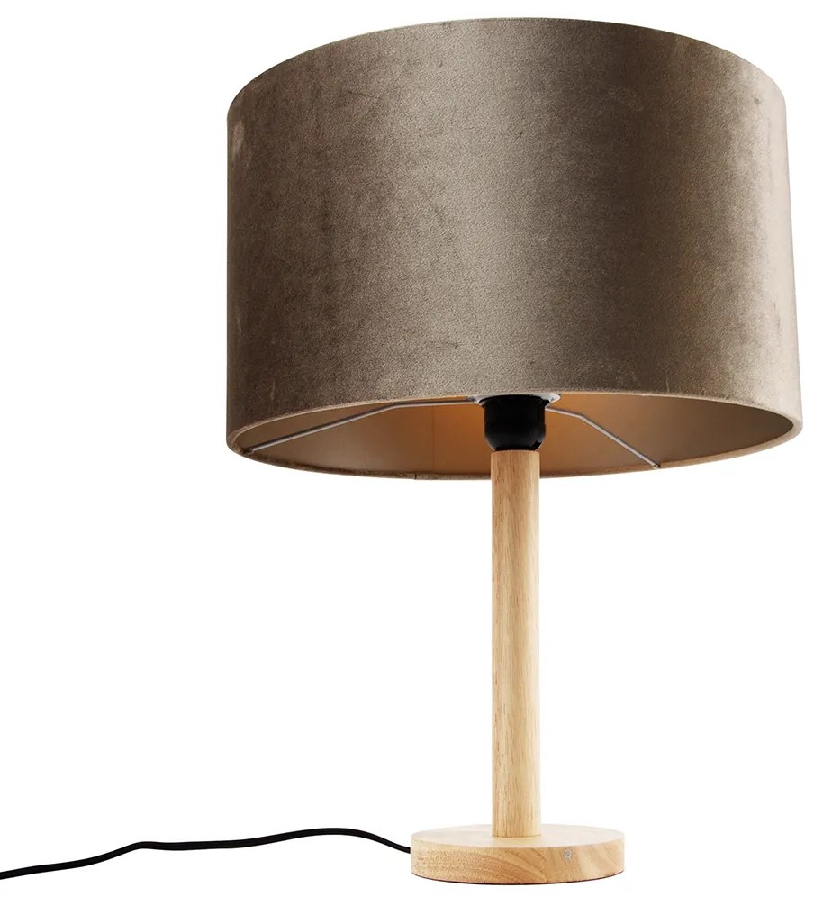 Настолна лампа дърво с кадифен абажур Taupe 35 см - Mels
