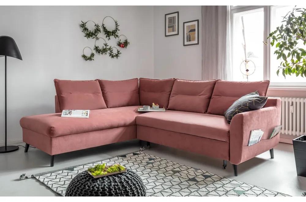 Розов кадифен ъглов разтегателен диван L, ляв ъгъл Stylish Stan - Miuform