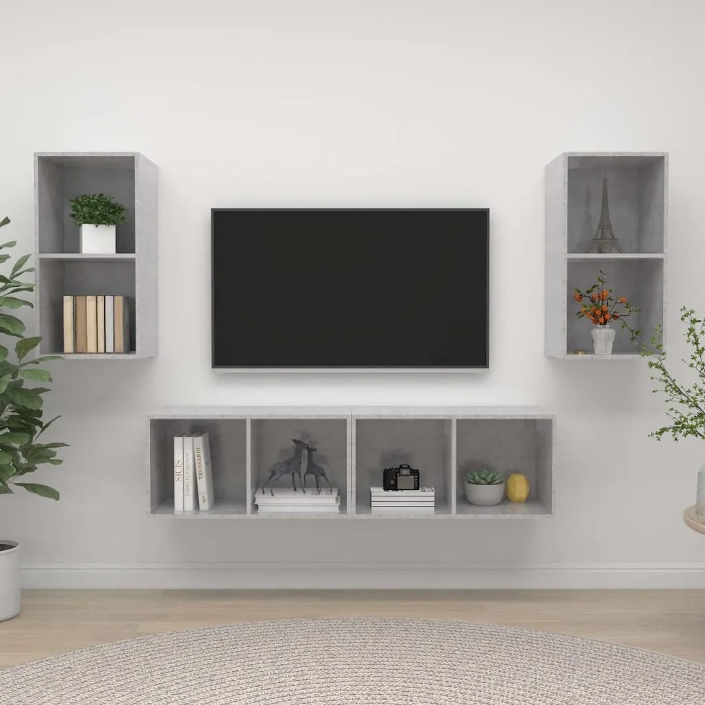 3079875 vidaXL ТВ шкафове за стенен монтаж, 4 бр, бетонно сив, инженерно дърво