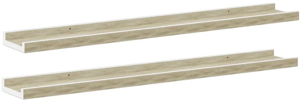 326691 vidaXL Стенни рафтове, 2 бр, бяло и сонома дъб, 80x9x3 см