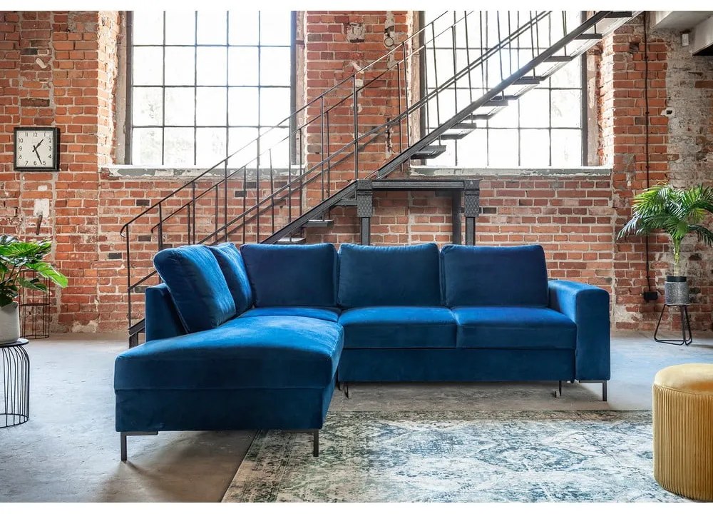 Тъмносин кадифен разтегателен ъглов диван (ляв ъгъл) Lofty Lilly – Miuform