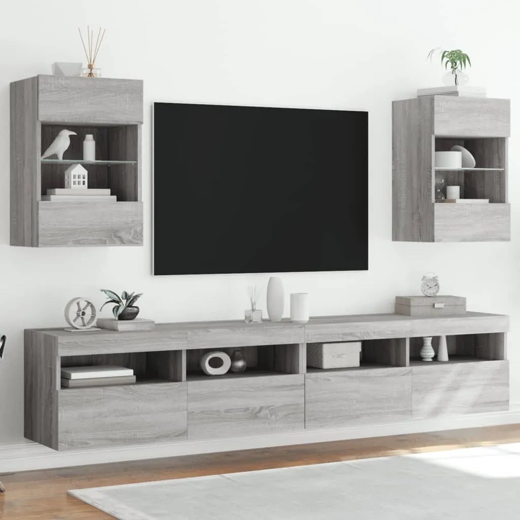 837089 vidaXL Стенни ТВ шкафове с LED лампи, 2 бр, сив сонома, 40x30x60,5 см