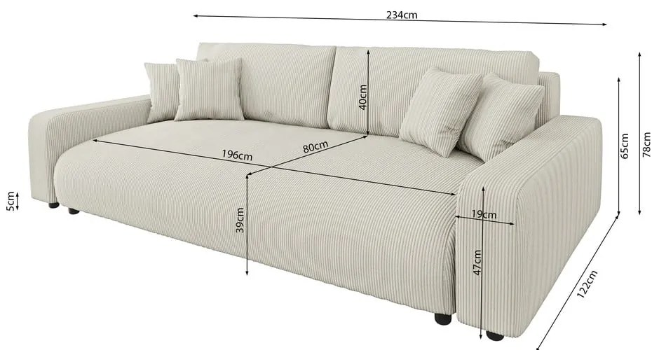 Кремав разтегателен диван с място за съхранение от рипсено кадифе 234 cm Sara – Ropez