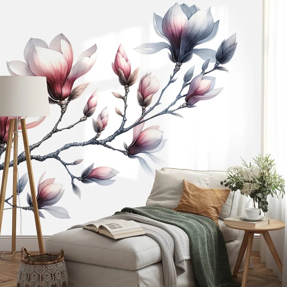 Фототапет – Нежни магнолии на бял фон