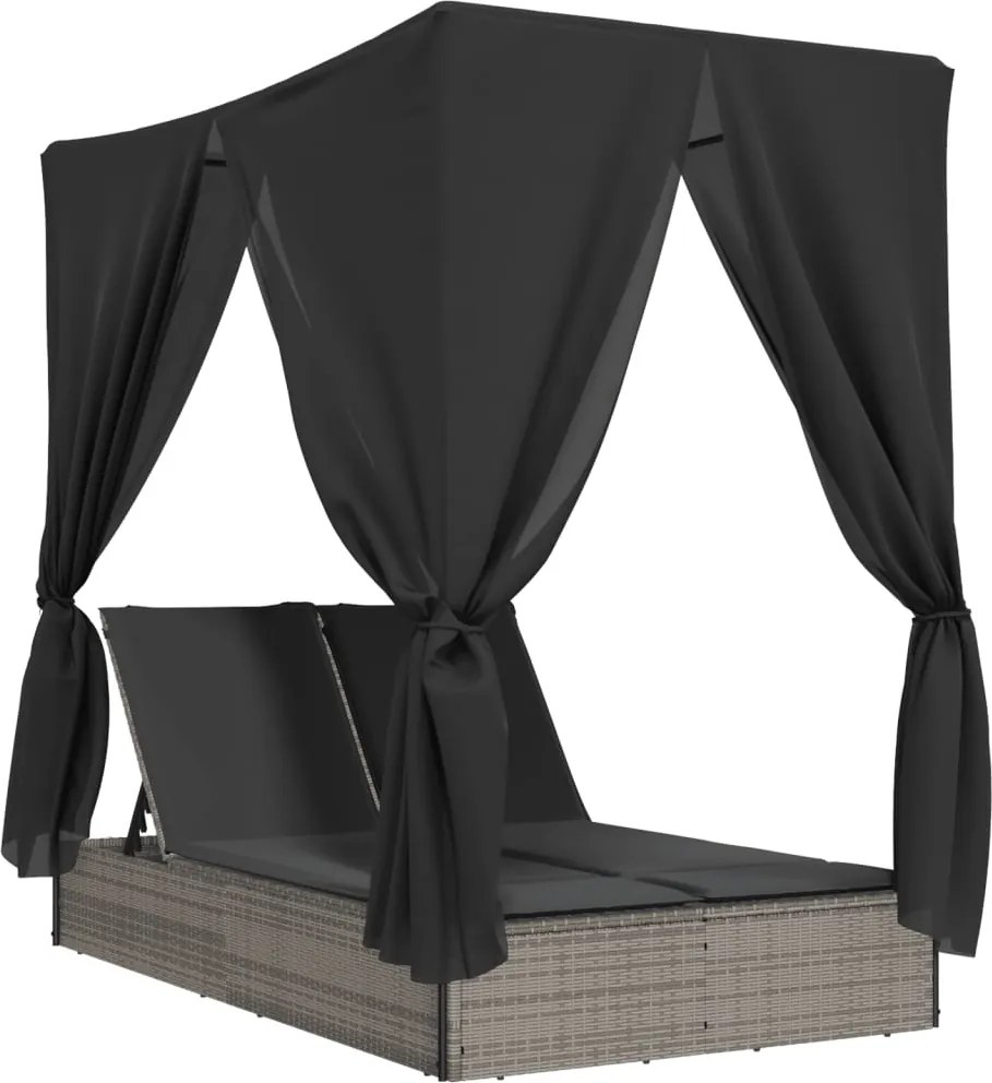 Двоен шезлонг с покрив и завеси сив полиратан