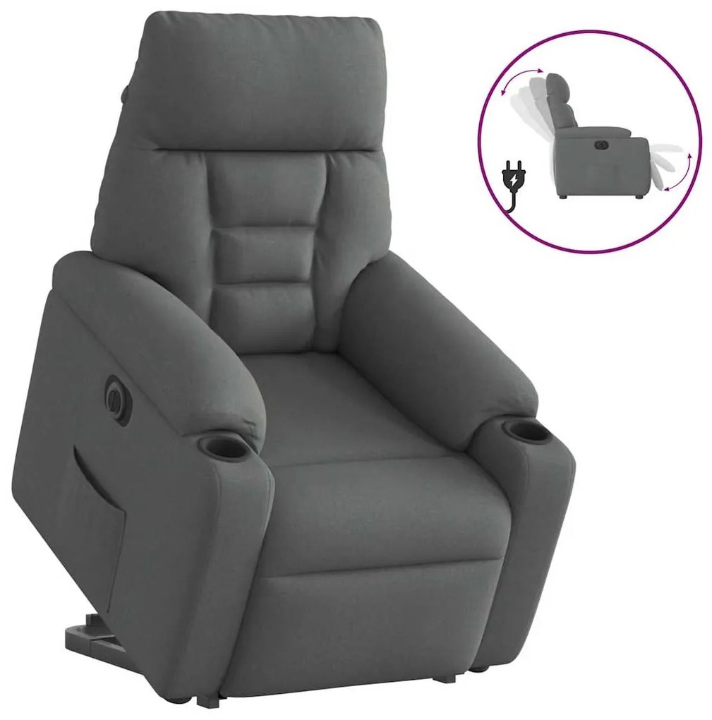 3303053 vidaXL Електрически изправящ реклайнер стол, тъмносив, текстил
