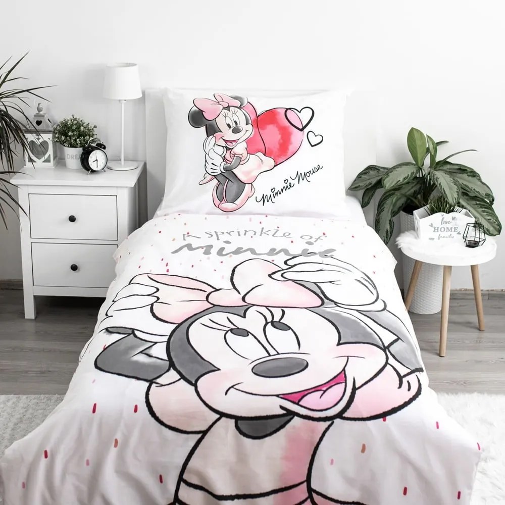 Бяло-розово единично памучно детско спално бельо 140x200 cm Minnie "White" – Jerry Fabrics