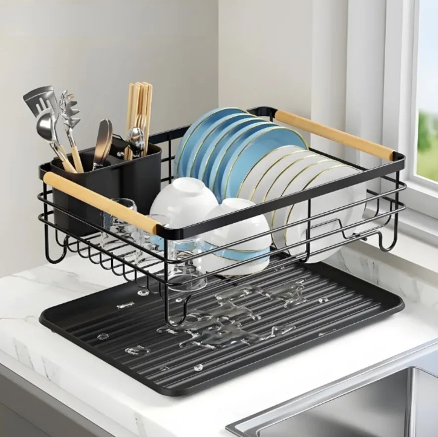 Сушилник, отцедител за съдове и прибори от неръждаема стомана в черен цвят 43x32x15см