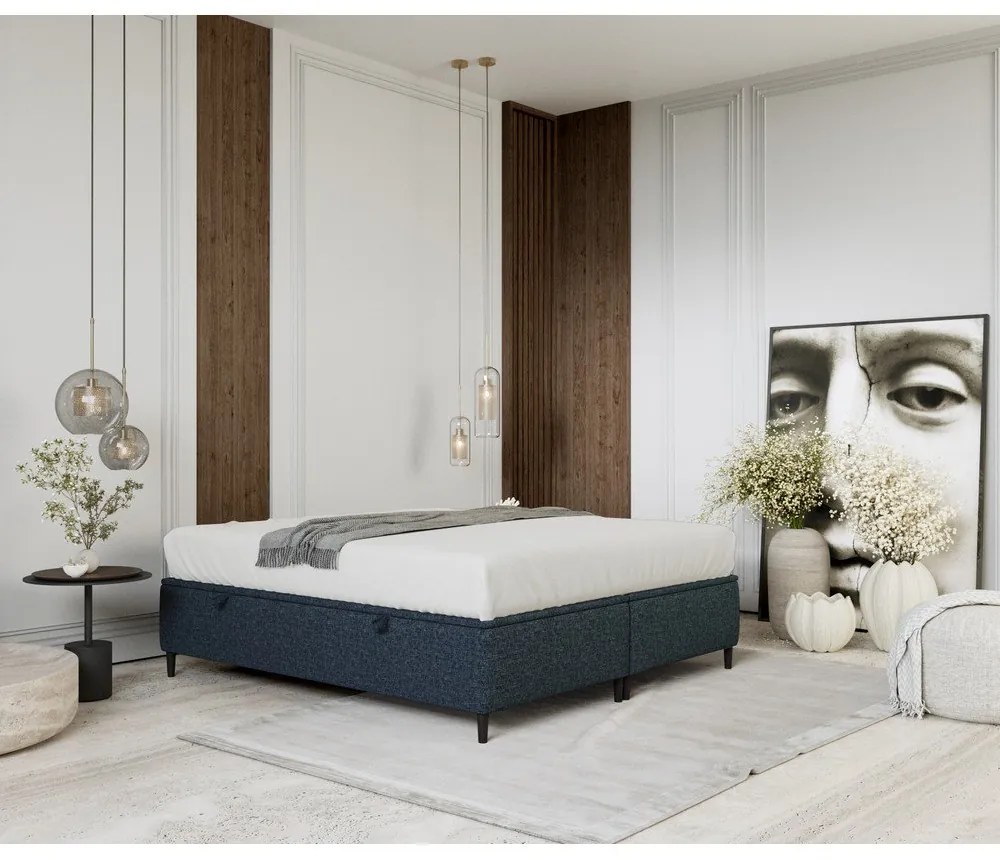 Тъмносиньо тапицирано двойно легло с място за съхранение 160x200 cm Tate – Maison de Rêve