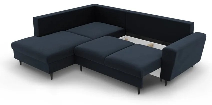 Тъмносин кадифен разтегателен ъглов диван с място за съхранение (ляв ъгъл/L форма) Kyoto – Cosmopolitan Design