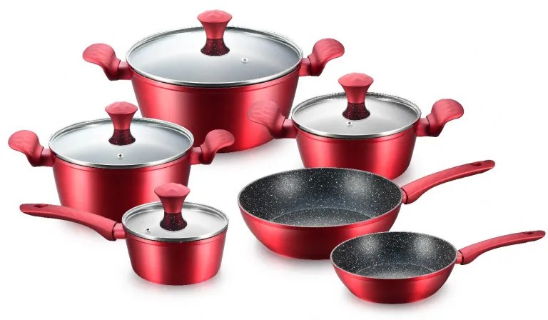 Комплект тенджери и тигани Royalty Line FD10, 10 части, Лят алуминий, Greblon мраморно покритие, Индукция, Червен