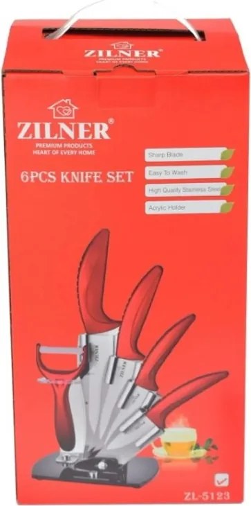 Комплект ножове с поставка ZILNER ZL 5123, 6 части, Белачка, Керамично покритие, Червен