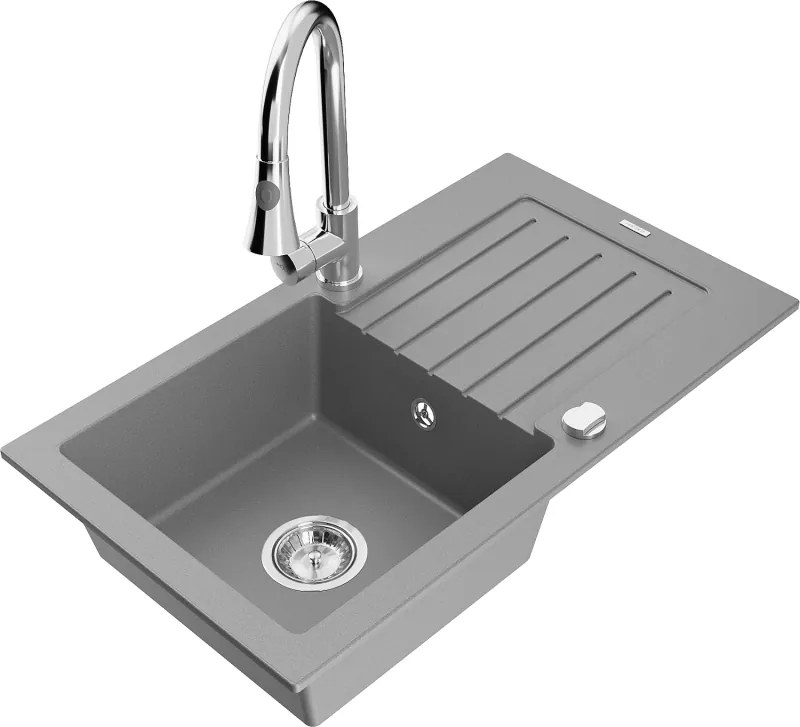 Mexen Pablo гранитна мивка с 1 отделение с отцедник и кухненски смесител Elia, сив - 6510-71-670101-00