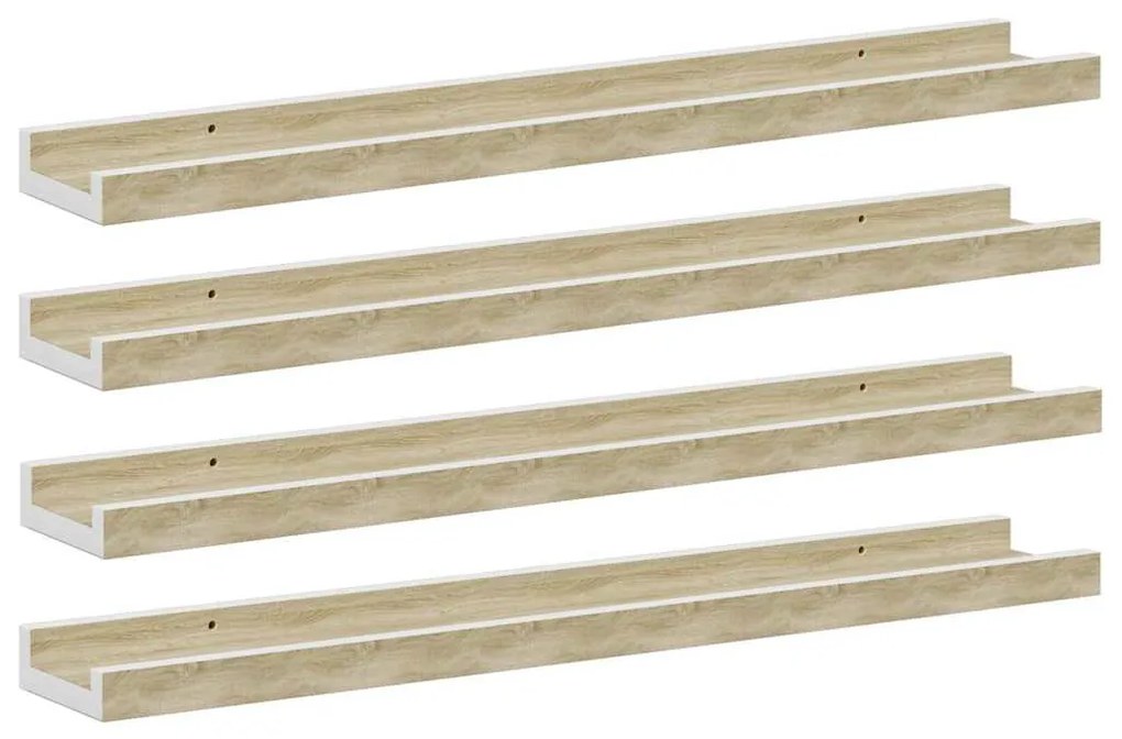 326695 vidaXL Стенни рафтове, 4 бр, бяло и сонома дъб, 60x9x3 см