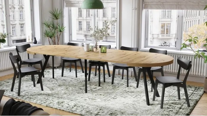 ЕКСПАНСО Дъб Артисан/черни крака - ГОЛЯМА КРЪГЛА МАСА Ø110 РАЗТЕГАТЕЛНА ДО 310 cm С КРАКА Y ЛОФТ/ИНДУСТРИАЛНА