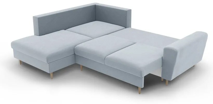Светлосин кадифен разтегателен ъглов диван с място за съхранение (ляв ъгъл/L форма) Kyoto – Cosmopolitan Design