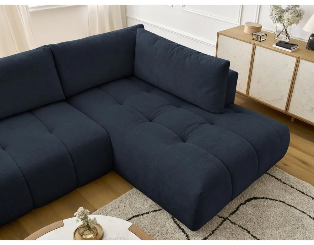 Тъмносин сгъваем/с място за съхранение ъглов диван (десен ъгъл/U форма) Fuji – Bobochic Paris