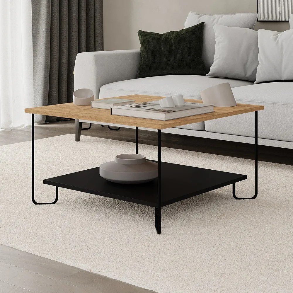 Масичка за кафе с дъбов плот в черен и естествен цвят 80x80 cm Tonka - Marckeric