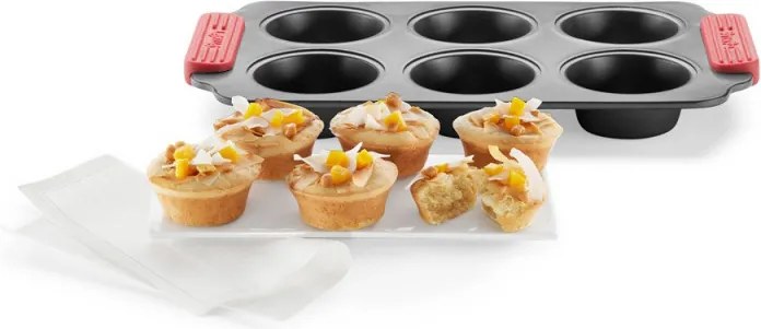 Форма за мъфини Lekue 1009478, За 6 бр, 31x18x3.7 см, Керамично незалепващо покритие, Карбонова стомана, От +4°C до +240°C, Черен/Червен