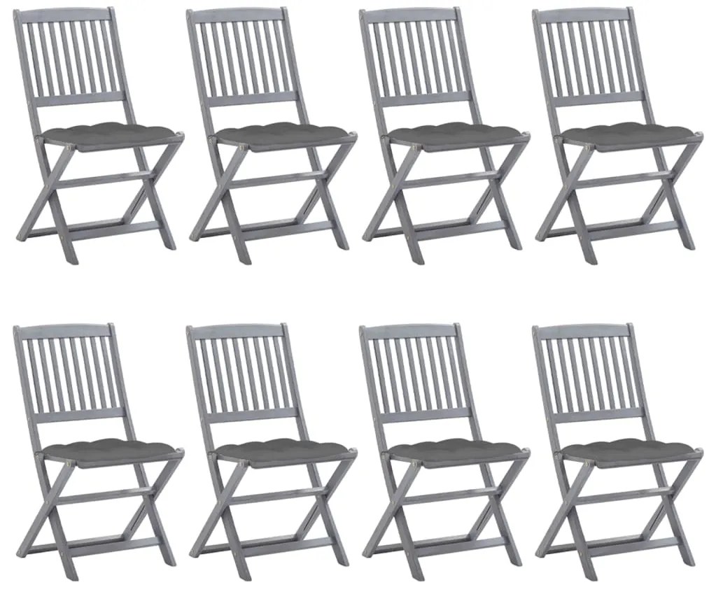 3078306 vidaXL Сгъваеми градински столове, 8 бр, с възглавници, акация масив
