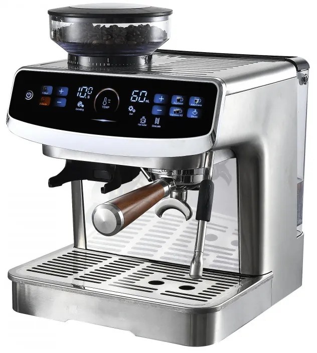 Еспресо машина Finlux FEM-1935D, 2450W, Италианска ULKA помпа 20 bar, 2.2 л, 250 гр, Вградена мелачка с 15 настройки, Сензорен екран, Инокс