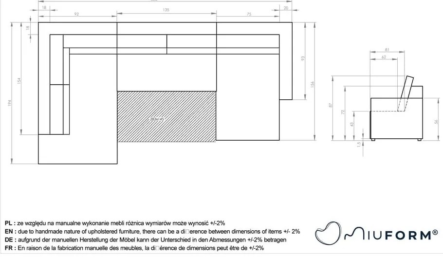 Антрацитен разтегателен ъглов диван от рипсено кадифе (ляв ъгъл/"U" форма) Brave Dave – Miuform