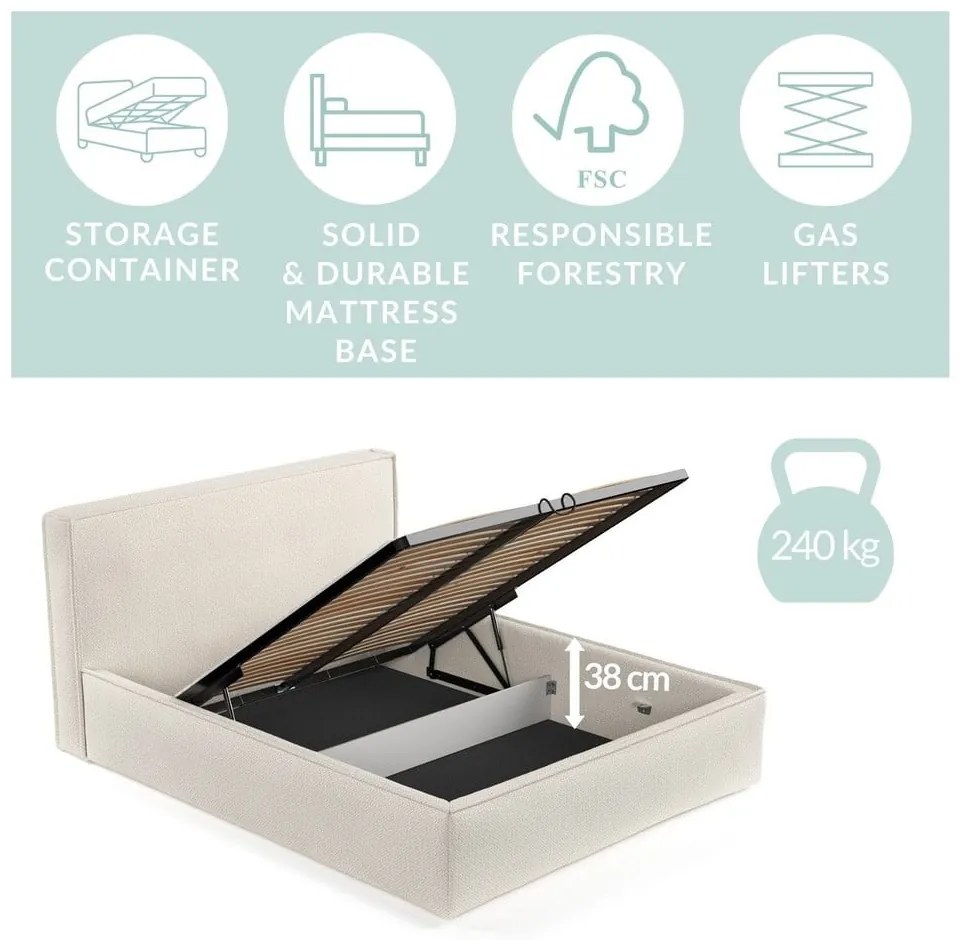 Сиво тапицирано двойно легло с място за съхранение с включена подматрачна рамка 200x200 cm Lounge L – Maison de Rêve