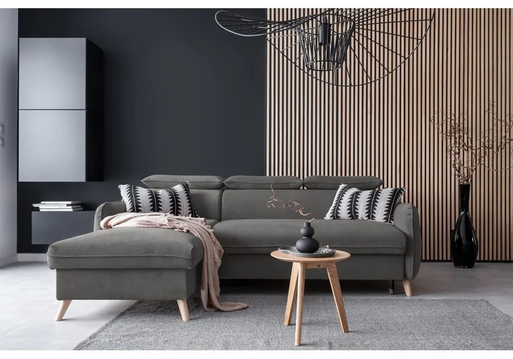 Тъмносив ъглов разтегателен диван от кадифе (ляв ъгъл) Sweet Harmony - Miuform