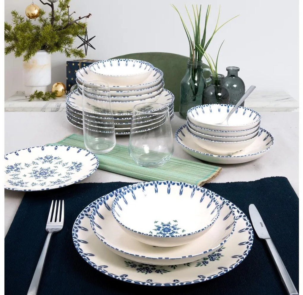 Комплект за хранене 24 части, бял/син, порцелан