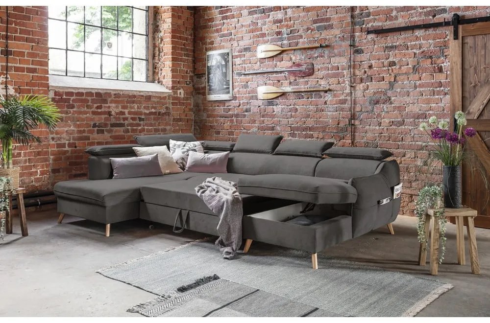 Тъмносив кадифен U-образен ъглов диван (ляв ъгъл) Sweet Harmony - Miuform