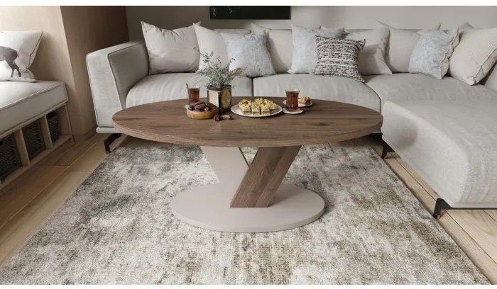 ЛОВА Елегантен Орех/Бежово Таупе - ОВАЛНА ХОЛНА МАСА 110x60 cm МОДЕРНА МАСА ЗА КАФЕ