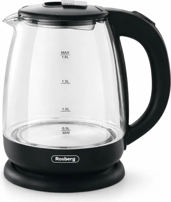 Електрическа кана за вода Rosberg R51230AE, 1500W, 1.8 л, Вграден нагревател, Стъкло, Индикатор, Черен