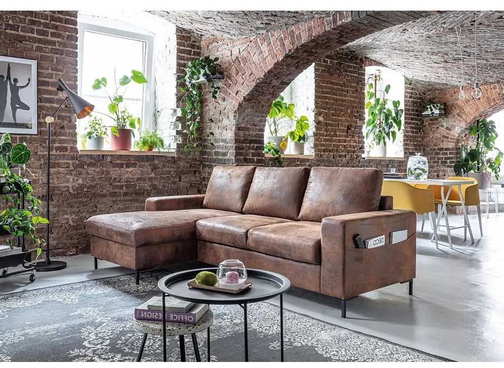 Винтидж кафяв кожен разтегателен диван, ляв ъгъл Lofty Lilly - Miuform