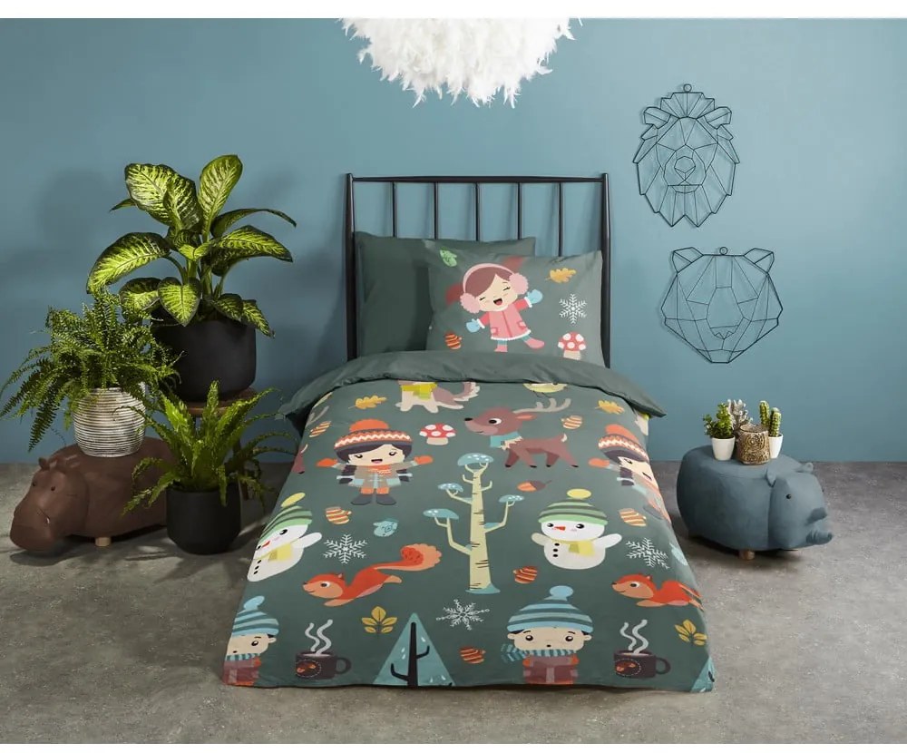 Тъмнозелено единично удължено памучно детско спално бельо 140x220 cm Fun – Good Morning