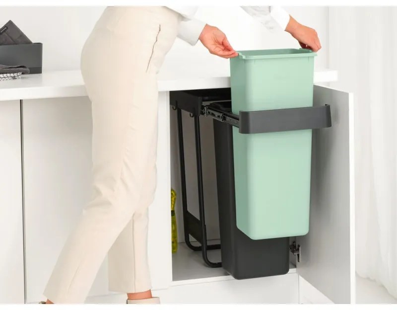 Кош за разделно събиране на боклук Brabantia Sort&Go 1008863, 2x30 л, Вътрешен монтаж с телескопична рамка, Сив/зелен